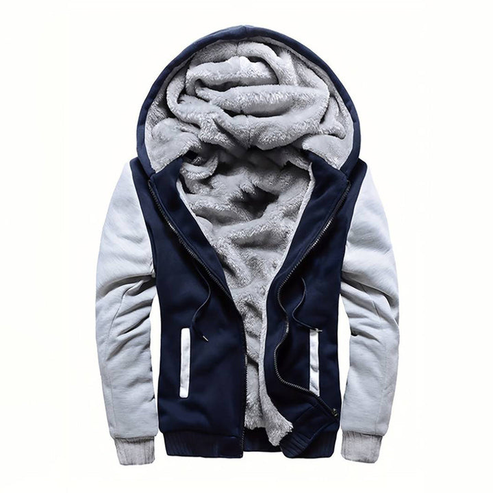 Lichtgrijze en donkerblauwe heren hoodie met zachte fleece voering, rits en capuchon. Perfect voor wintermode en casual outfits.