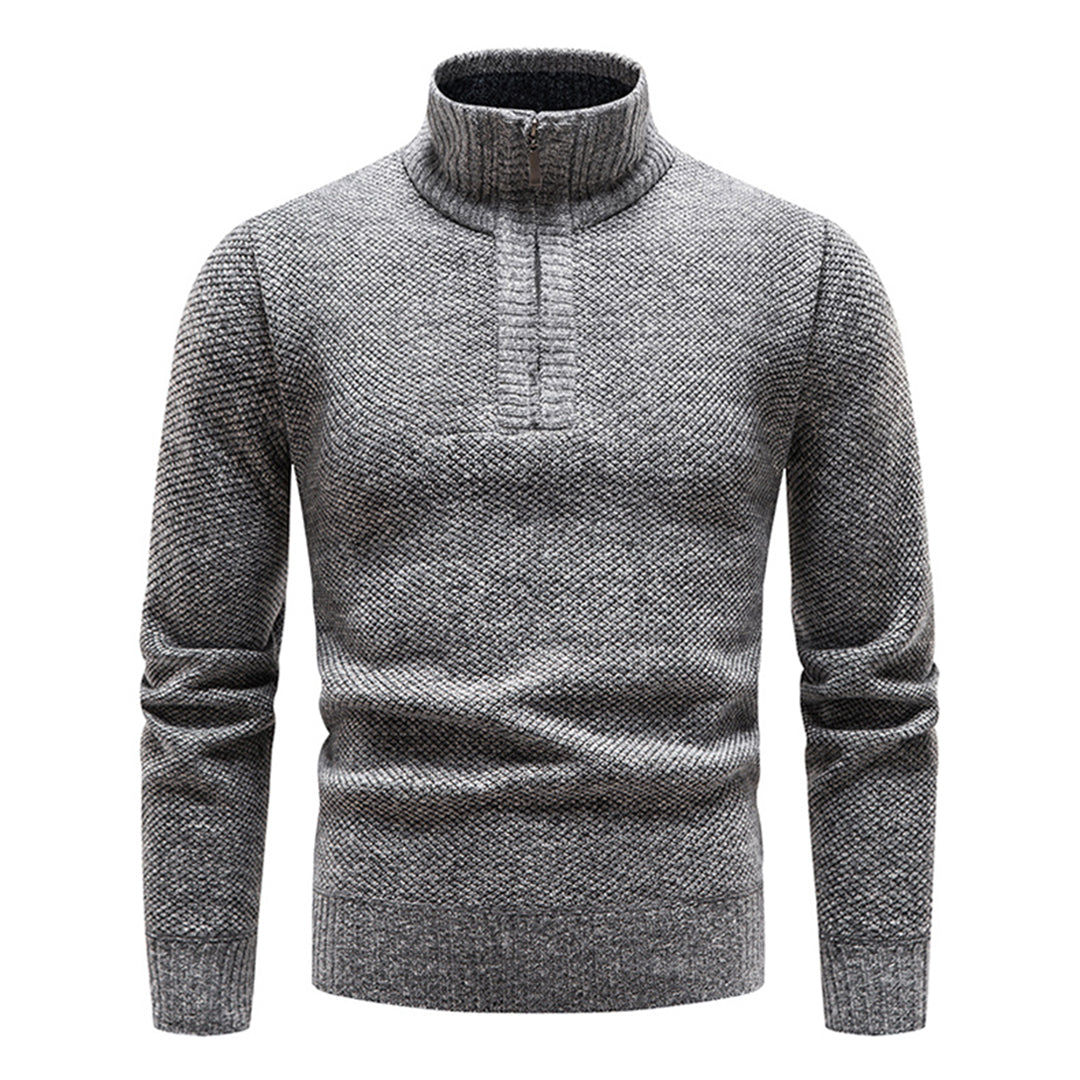 Lichtgrijze herentrui met halve rits, gebreid patroon, lange mouwen. Perfect voor casual en wintermode. Comfortabele en stijlvolle kleding.