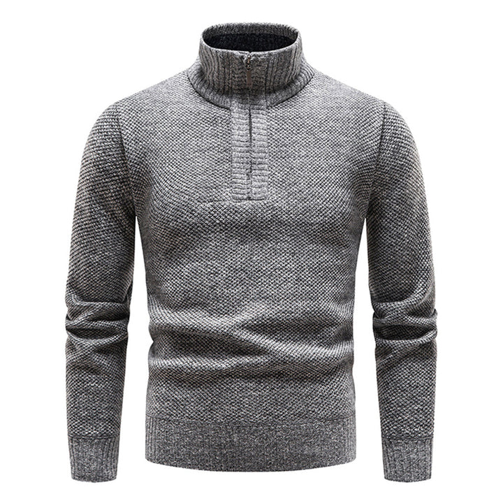 Lichtgrijze herentrui met halve rits, gebreid patroon, lange mouwen. Perfect voor casual en wintermode. Comfortabele en stijlvolle kleding.