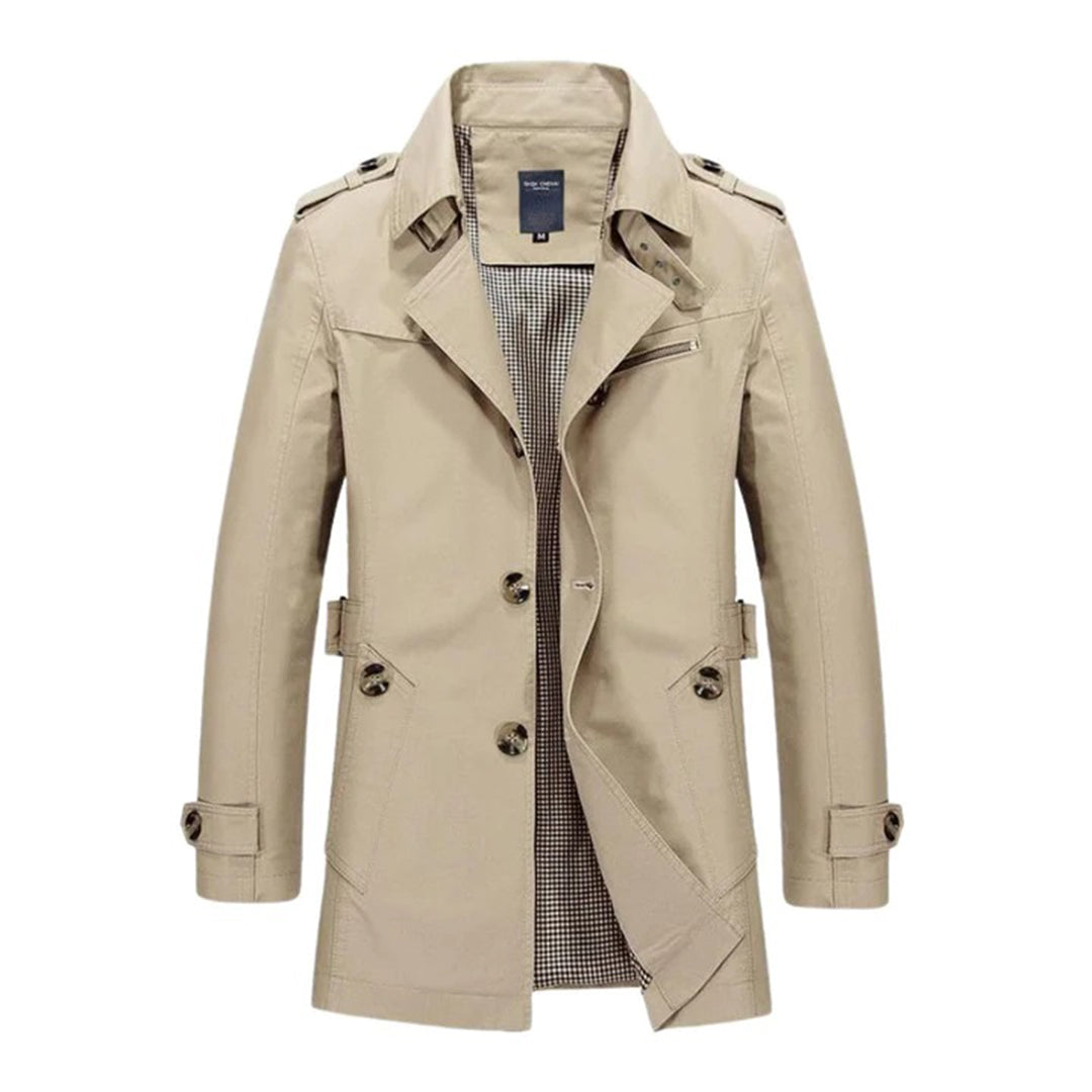 Licht kaki trenchcoat voor heren, dubbele rij knopen, klassieke stijl, verstelbare riemen, geschikt voor lente en herfst.