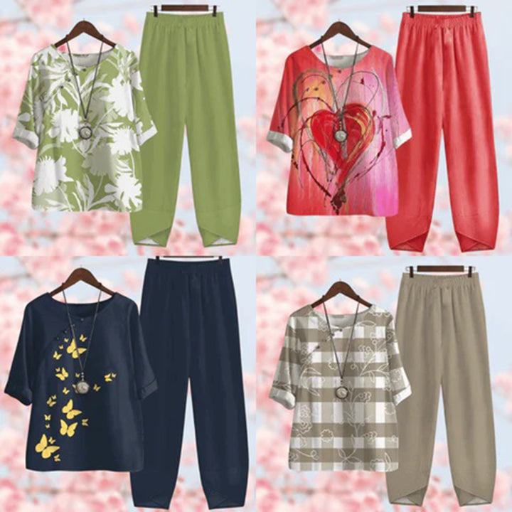 Vier casual damesoutfits met kleurrijke tops en bijpassende broeken, ideaal voor lente en zomer. Modieuze prints en comfortabele pasvormen.