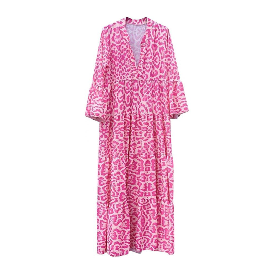 Roze maxi-jurk met luipaardprint, lange mouwen en V-hals. Trendy damesmode, perfect voor zomer en casual gelegenheden.