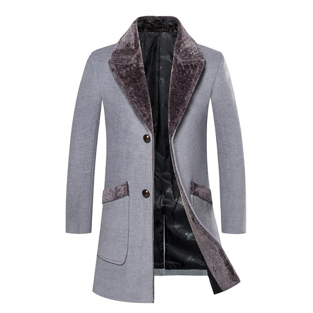 Grijze wollen herenjas met fluwelen kraag en knopen, stijlvolle wintermantel, elegante lange jas voor herenmode, perfect voor koude seizoenen.