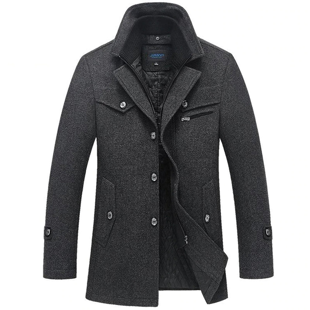 Donkergrijze wollen herenjas met knopen, opstaande kraag en zakken. Stijlvolle winterjas voor mannen, ideaal voor formele en casual gelegenheden.