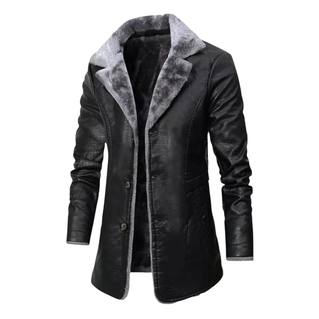 Zwarte leren jas met grijze bontkraag, stijlvolle winterjas voor heren, modieus en warm, perfect voor koude seizoenen.