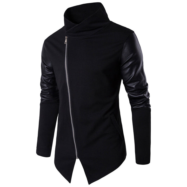 Zwarte asymmetrische herenjas met ritssluiting en leren mouwen, stijlvolle wintermode, moderne herenkleding, trendy jas voor dagelijks gebruik.