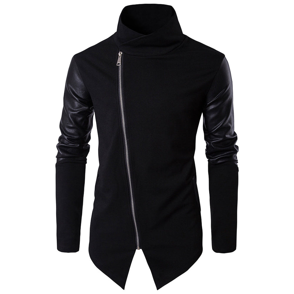Zwarte asymmetrische jas met leren mouwen en schuine ritssluiting, stijlvolle herenmode, trendy herfst- en winterkleding.