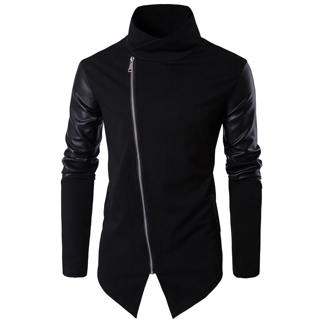 Zwarte asymmetrische jas met leren mouwen en schuine ritssluiting, stijlvolle herenmode, trendy herfst- en winterkleding.