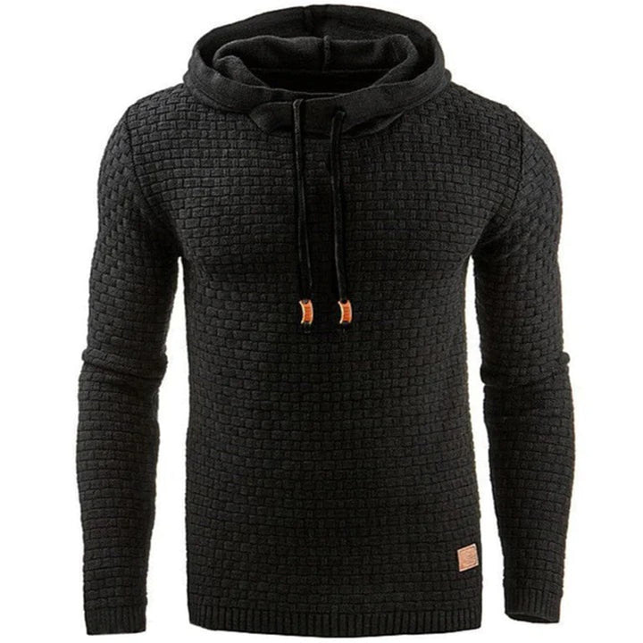 Zwarte gebreide hoodie voor heren met geribbelde textuur, lange mouwen en verstelbare trekkoorden. Stijlvolle en warme trui voor casual outfits.