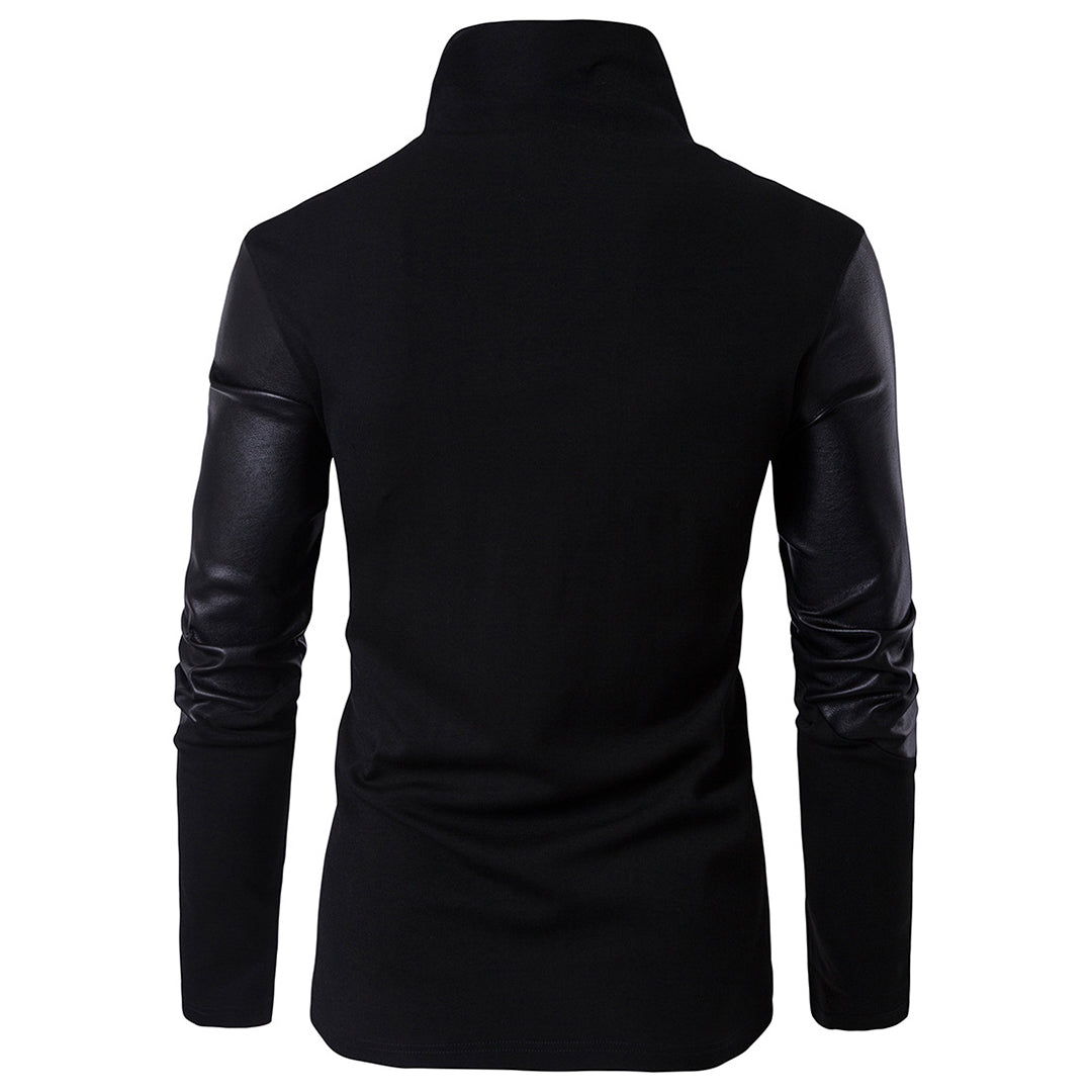 Zwarte herenjas met leren mouwen, hoge kraag en moderne snit. Stijlvolle wintermode, ideaal voor casual en formele gelegenheden.