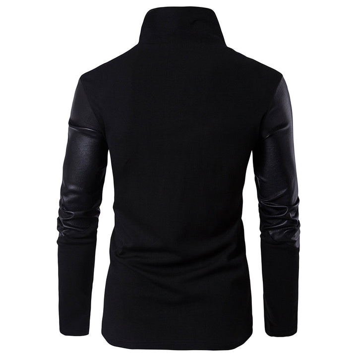 Zwarte herenjas met leren mouwen, hoge kraag en moderne snit. Stijlvolle wintermode, ideaal voor casual en formele gelegenheden.