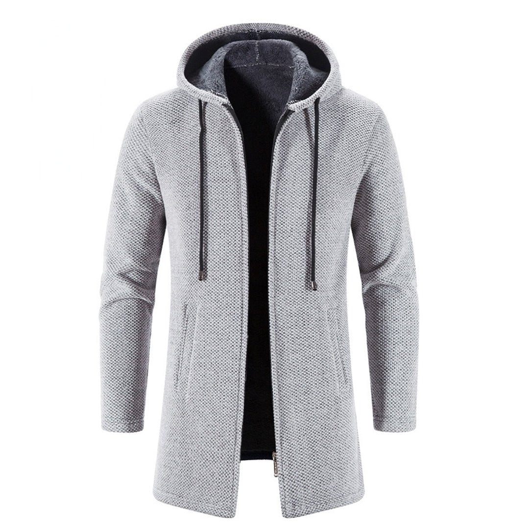 Grijze heren hoodie jas met capuchon, ritssluiting en zakken. Stijlvolle en warme winterjas voor casual en sportieve outfits.