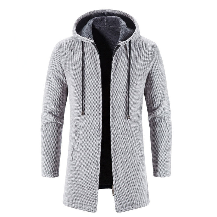 Grijze heren hoodie jas met capuchon, ritssluiting en zakken. Stijlvolle en warme winterjas voor casual en sportieve outfits.