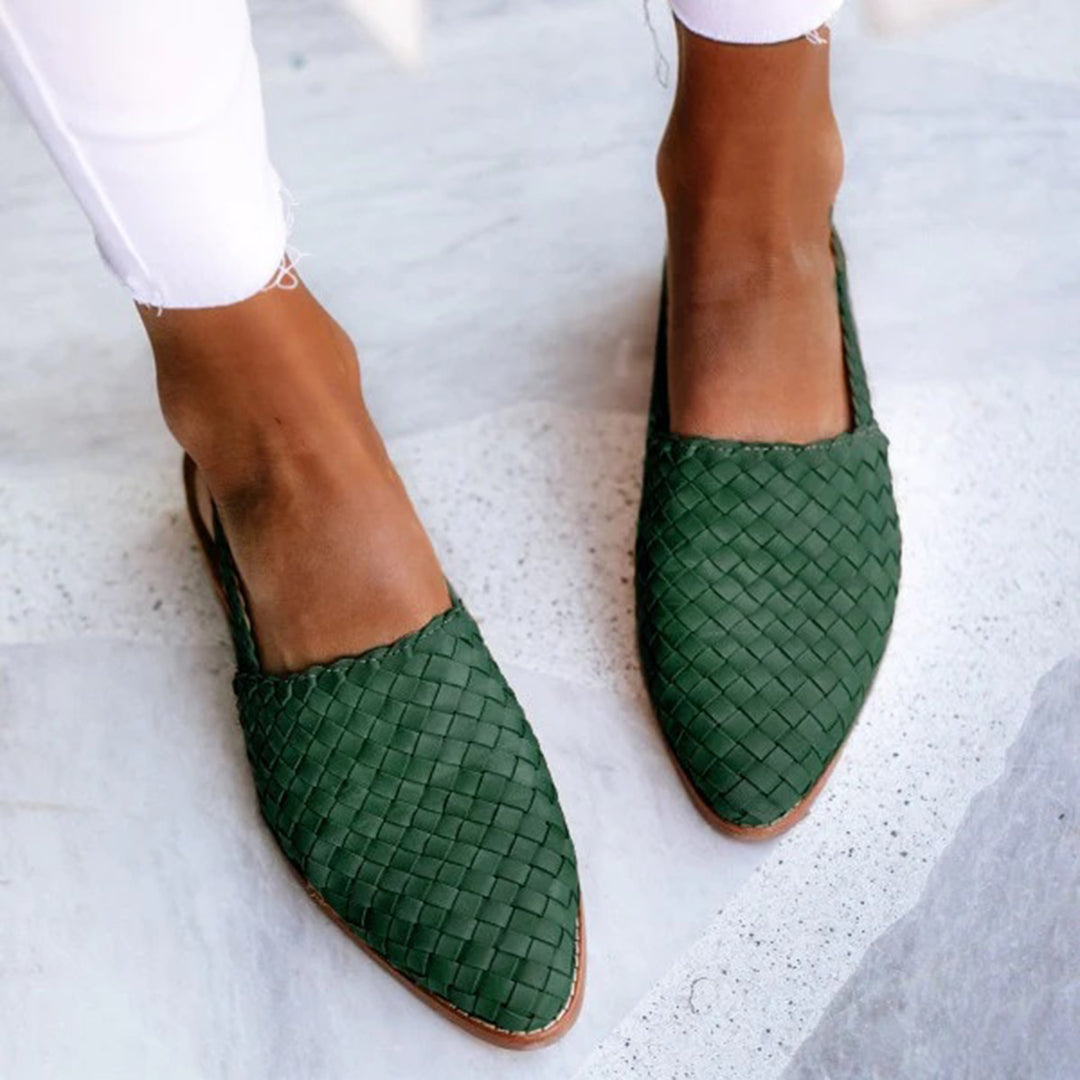 Groene gevlochten leren loafers voor dames, stijlvolle platte schoenen, casual en comfortabel, perfect voor dagelijks gebruik en lente- of zomermode.