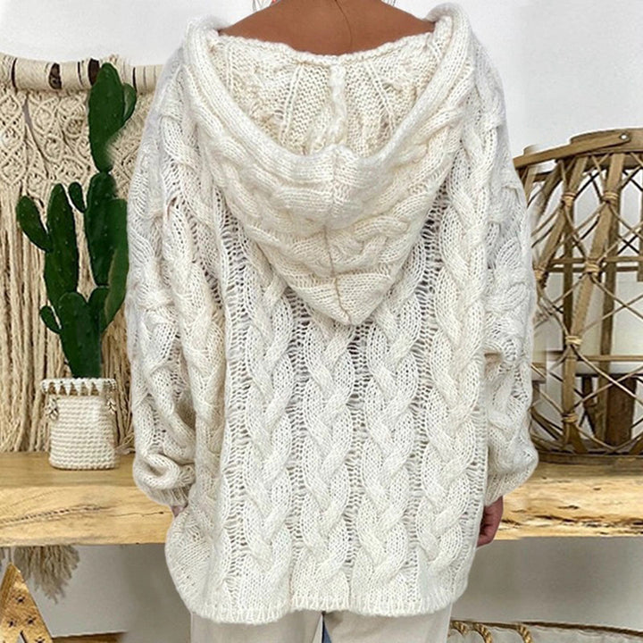 Witte gebreide trui met capuchon, kabelpatroon, damesmode, herfst-winter kleding, casual en comfortabel, boho interieur achtergrond.