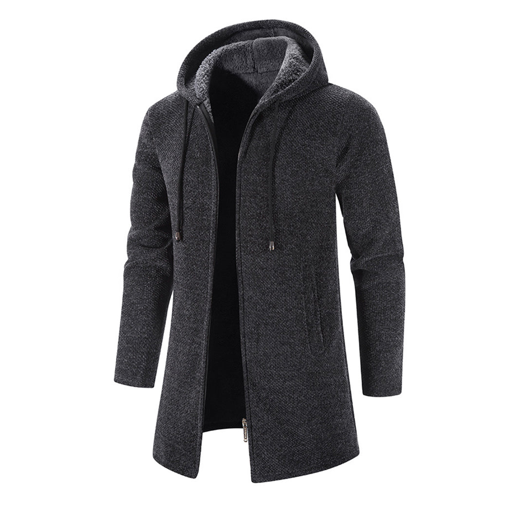 Donkergrijze heren winterjas met capuchon, ritssluiting en lange mouwen. Stijlvolle warme jas voor herenmode, ideaal voor koude seizoenen.