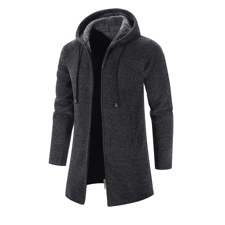 Donkergrijze heren winterjas met capuchon, ritssluiting en lange mouwen. Stijlvolle warme jas voor herenmode, ideaal voor koude seizoenen.