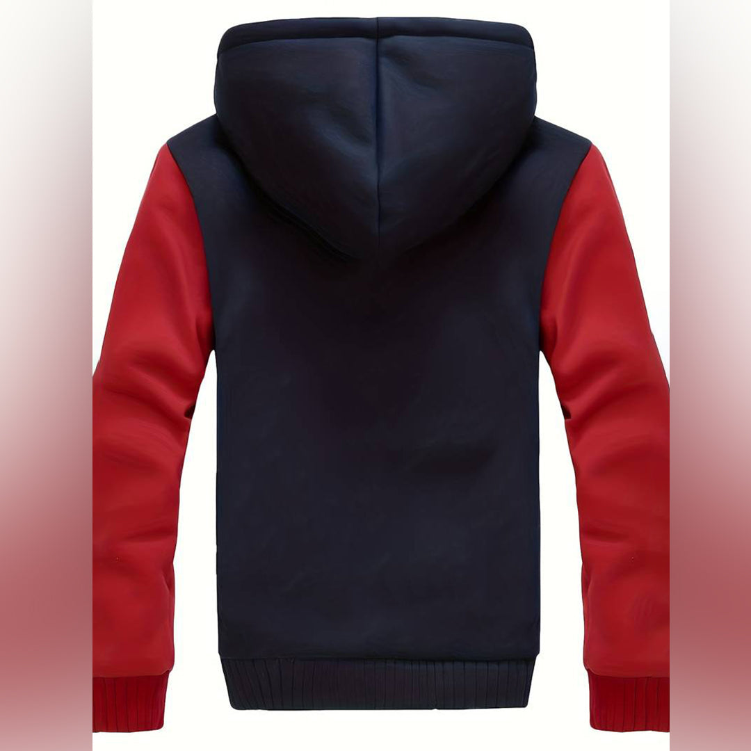 Zwarte hoodie met rode mouwen, unisex design, comfortabele pasvorm, ideaal voor casual outfits. Perfect voor herfst- en winterseizoenen.