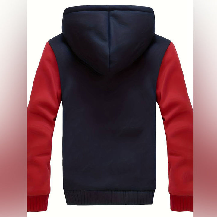 Zwarte hoodie met rode mouwen, unisex design, comfortabele pasvorm, ideaal voor casual outfits. Perfect voor herfst- en winterseizoenen.