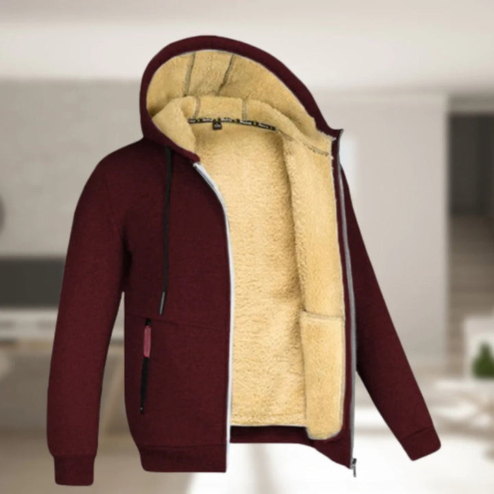 Rode fleece gevoerde hoodie met rits, warme winterjas voor heren, comfortabele en stijlvolle kleding, ideaal voor koude seizoenen.