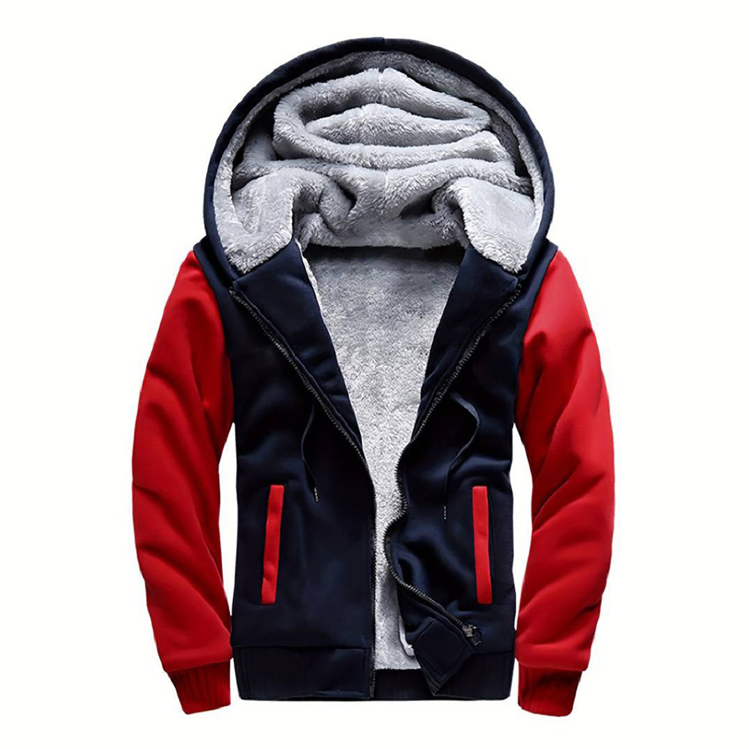 Rood-zwarte heren winterjas met capuchon, gevoerd met grijze fleece. Warme jas, ideaal voor koude seizoenen. Stijlvolle en comfortabele buitenkleding.