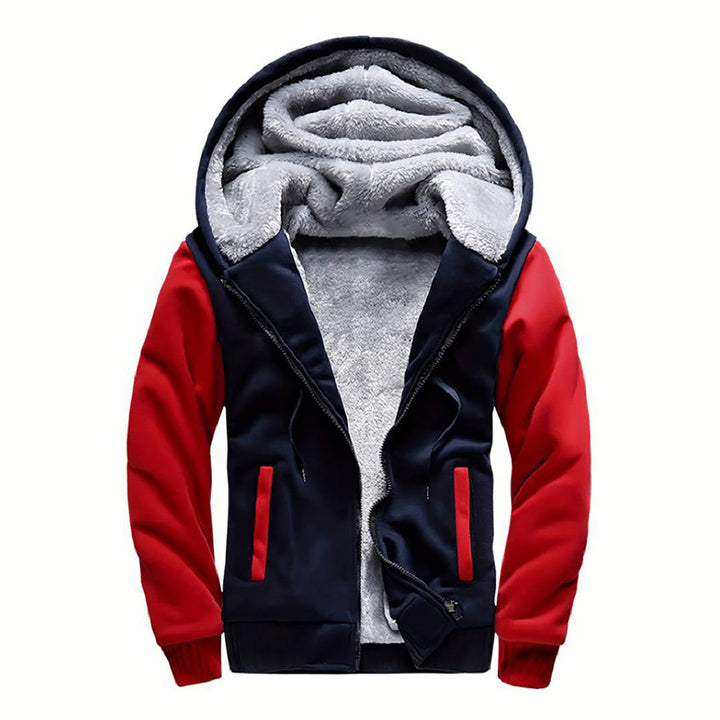 Rood-zwarte heren winterjas met capuchon, gevoerd met grijze fleece. Warme jas, ideaal voor koude seizoenen. Stijlvolle en comfortabele buitenkleding.