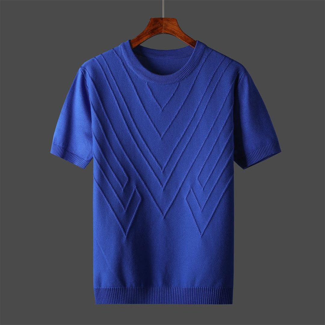 Koningsblauw T-shirt met korte mouwen, geometrisch patroon, uniseks, casual stijl, hoogwaardige katoenen stof, perfect voor dagelijks gebruik.