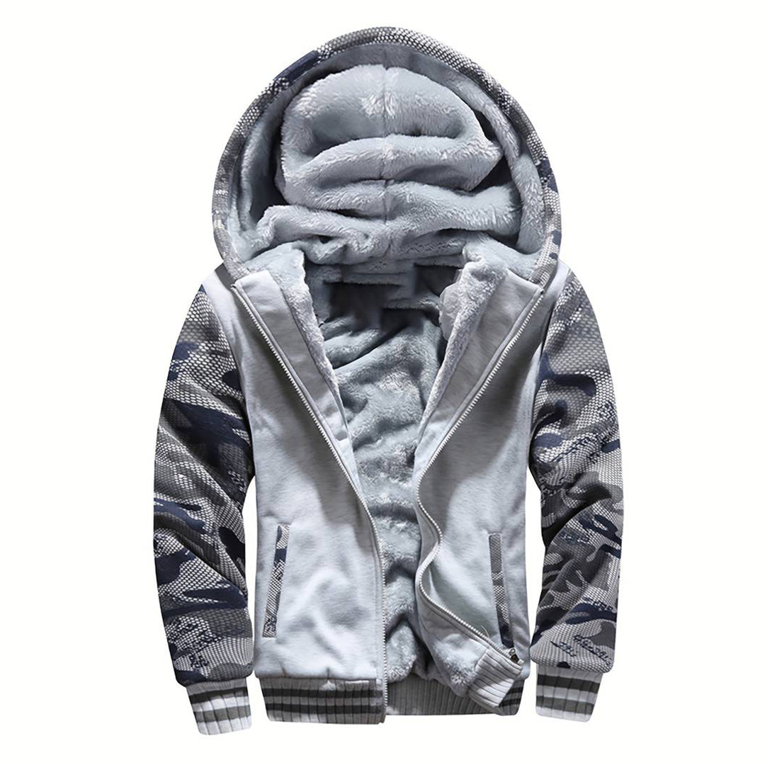 Blauwe camouflage hoodie met zachte voering, rits en capuchon. Stijlvolle winterjas voor heren, ideaal voor casual en outdoor activiteiten.