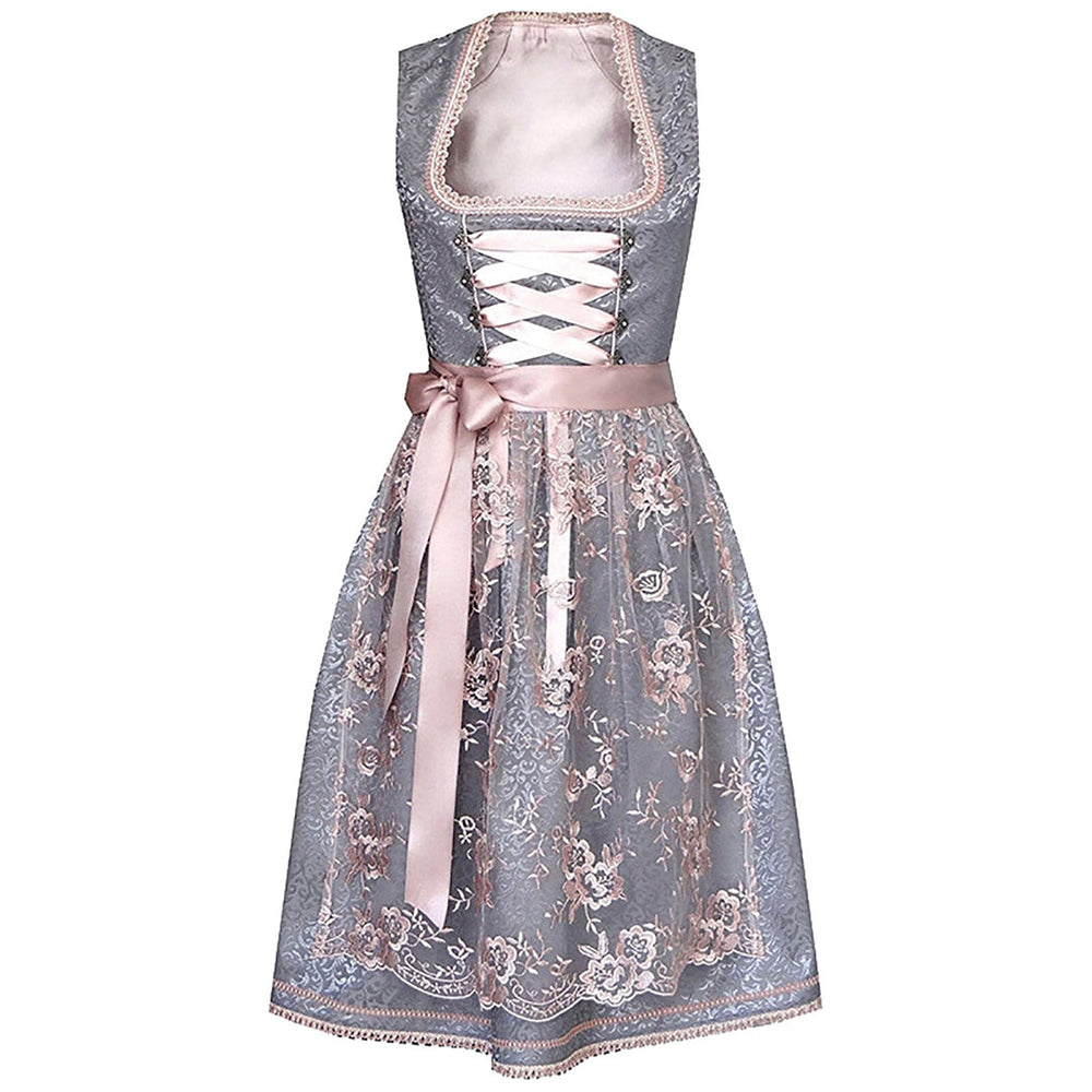 Grijze dirndl jurk met roze lint en bloemenkant, traditionele Beierse kleding, perfect voor Oktoberfest, elegant en authentiek design.
