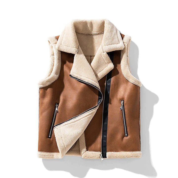 Bruine wollen bodywarmer met schapenvacht voering, asymmetrische ritssluiting en twee zwarte ritszakken. Perfect voor wintermode en outdoor activiteiten.
