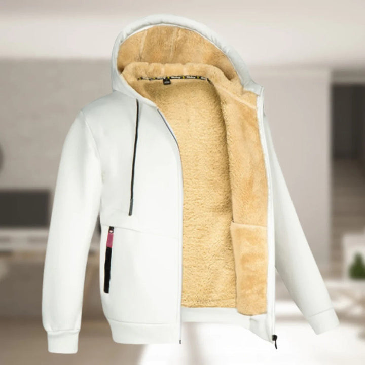 Witte hoodie met beige fleece voering, ritssluiting en capuchon. Comfortabele winterjas voor heren, ideaal voor casual en sportieve outfits.