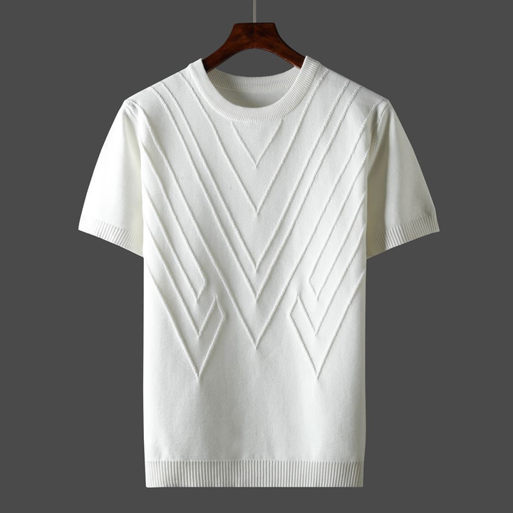 Witte gebreide trui met korte mouwen en geometrisch patroon, uniseks design, casual mode, hoogwaardige katoenen stof, perfect voor lente en zomer.