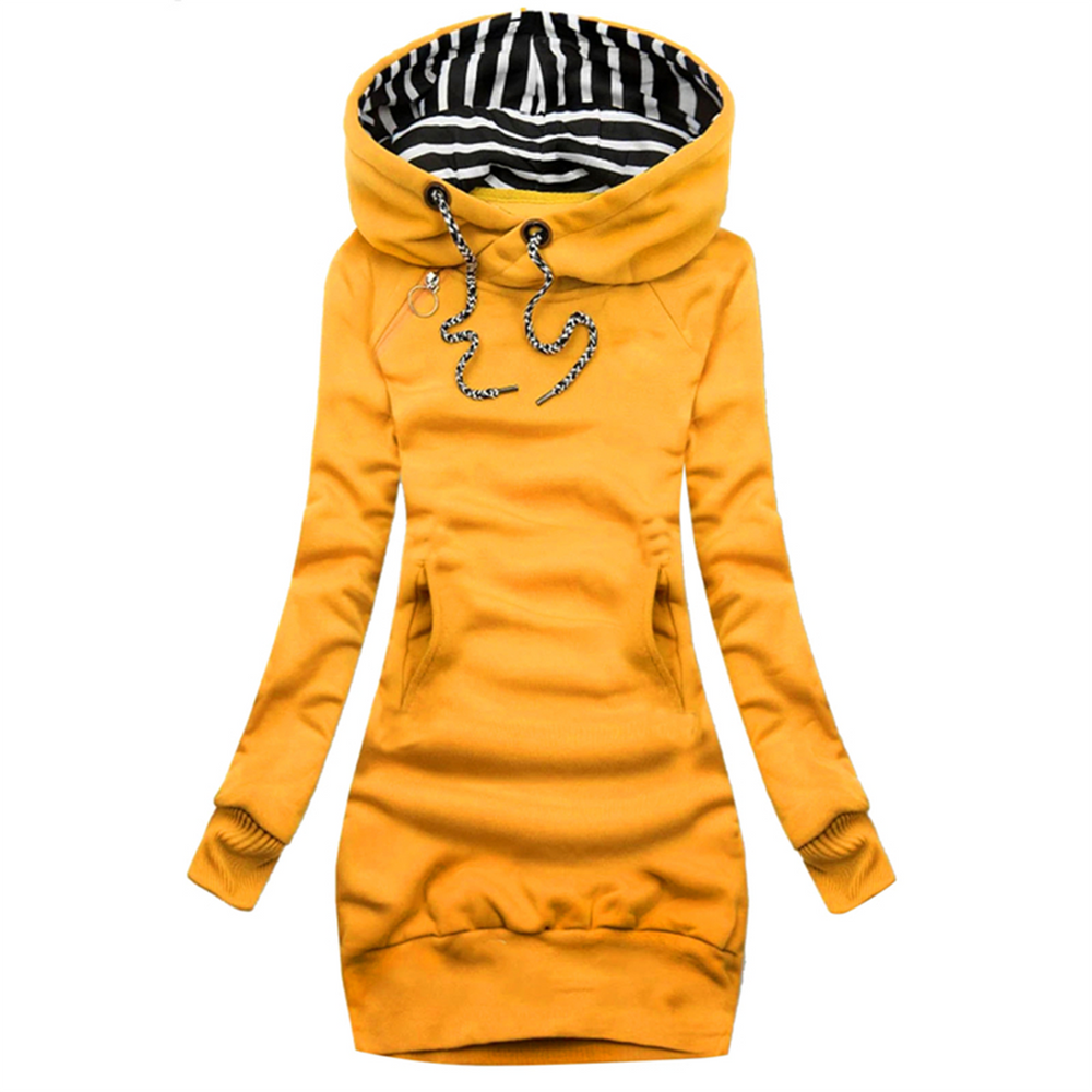 Gele dameshoodie met capuchon, gestreepte voering, lange mouwen en buidelzak. Modieuze casual kleding, comfortabele pasvorm.