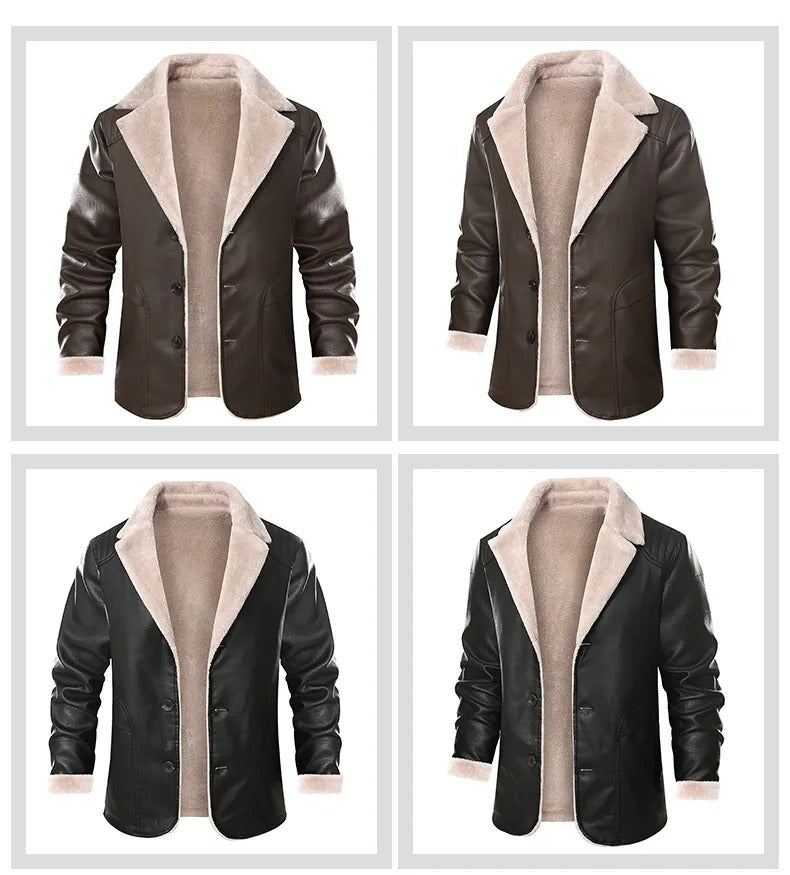 Vier bruine en zwarte leren jassen met schapenvacht voering, stijlvolle wintermode voor heren. Perfect voor koude seizoenen, trendy en warm.
