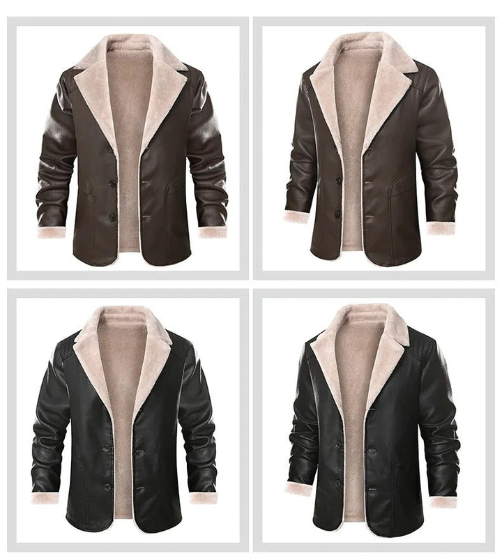 Vier bruine en zwarte leren jassen met schapenvacht voering, stijlvolle wintermode voor heren. Perfect voor koude seizoenen, trendy en warm.