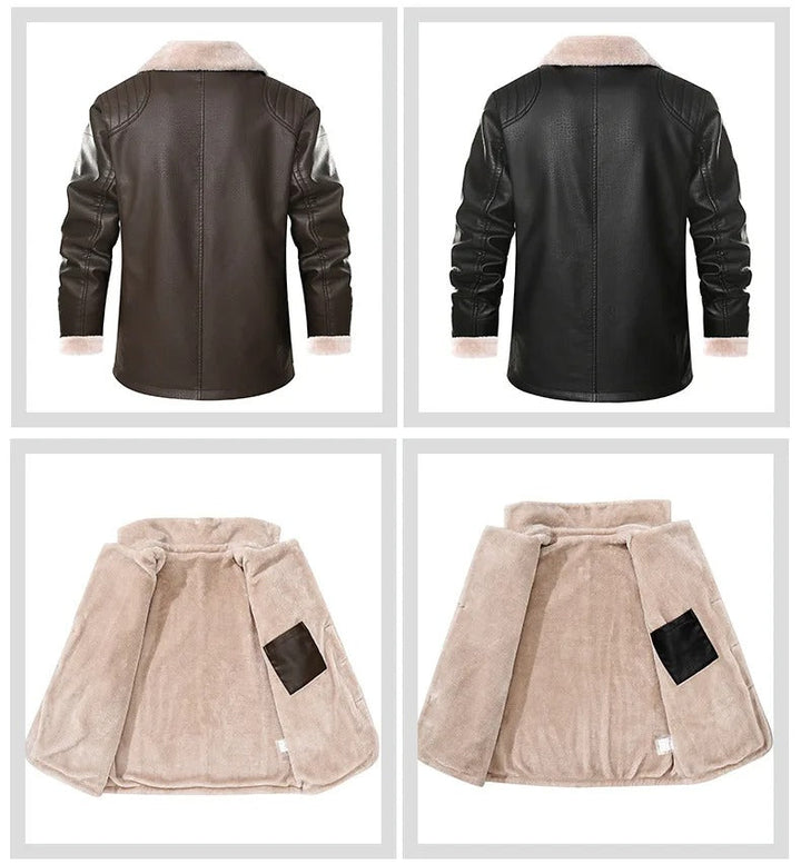 Leren jas met schapenvacht voering, bruine kleur, lange mouwen, stijlvolle winterjas voor heren, warme en modieuze buitenkleding.