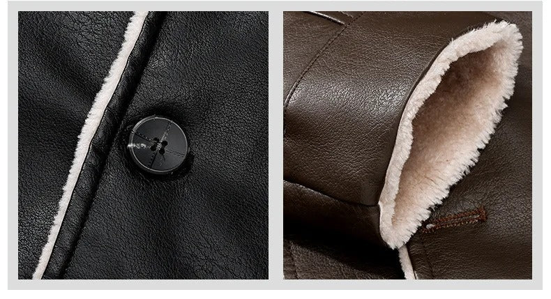 Zwart leren jas met knoopsluiting en witte voering, detail van kraag en mouw. Hoogwaardige wintermode, warme voering, stijlvol design.