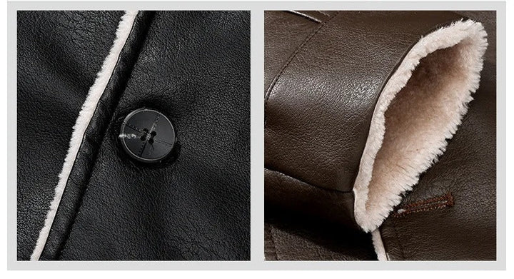 Zwart leren jas met knoopsluiting en witte voering, detail van kraag en mouw. Hoogwaardige wintermode, warme voering, stijlvol design.