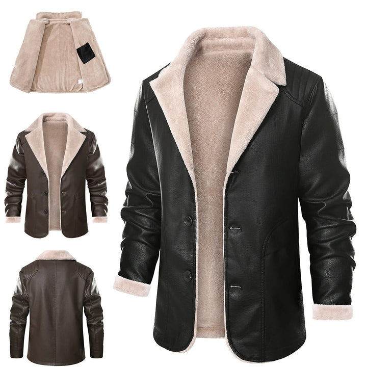 Leren herenjas met schapenvacht voering, zwart, wintermode, stijlvolle warme jas, knoopsluiting, casual en elegant ontwerp, modetrend.
