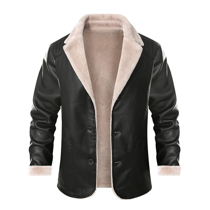 Zwarte leren jas met witte bontkraag en voering, stijlvolle winterjas voor heren, modieus en warm, perfect voor koude seizoenen.