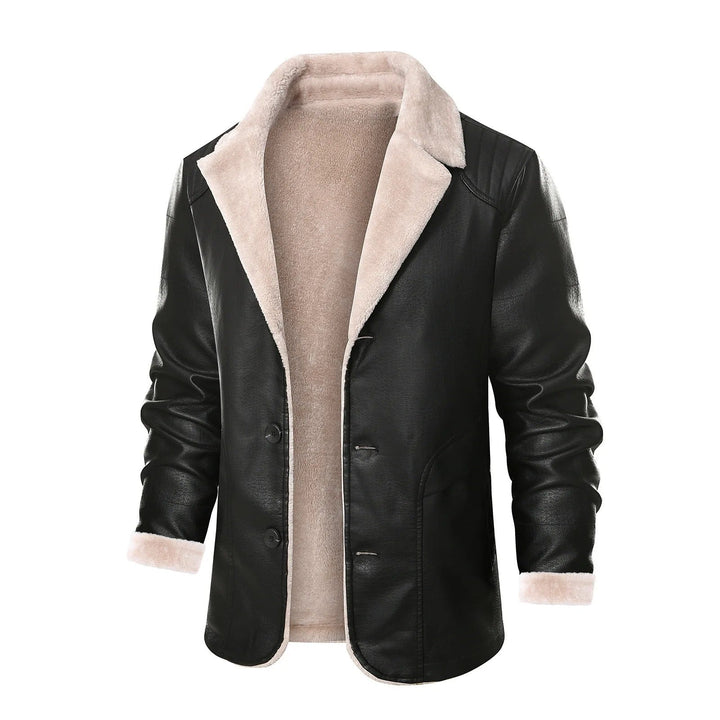 Zwarte leren jas met beige schapenvacht voering, lange mouwen en knoopsluiting. Stijlvolle winterjas voor heren, ideaal voor koude dagen.