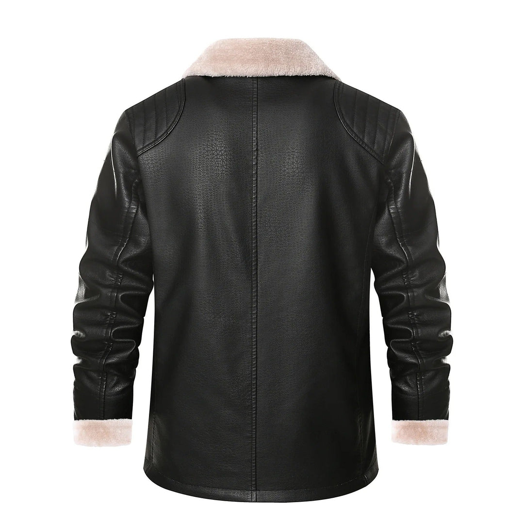 Zwarte leren jas met beige schapenvacht kraag en manchetten, stijlvolle winterjas voor heren, modieus en warm, perfect voor koude seizoenen.