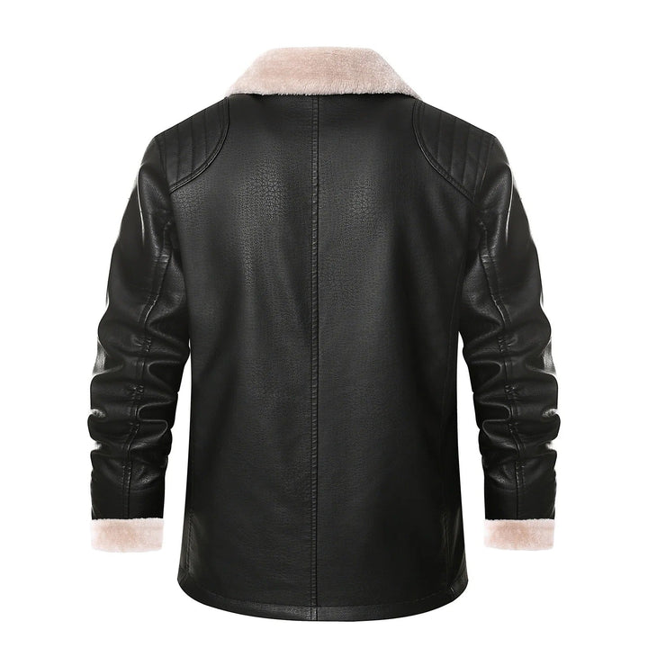 Zwarte leren jas met beige schapenvacht kraag en manchetten, stijlvolle winterjas voor heren, modieus en warm, perfect voor koude seizoenen.